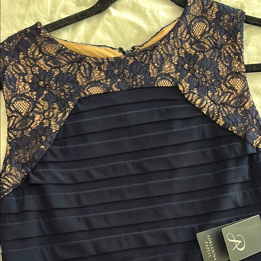 Adrianna Papell Navy Lace pleated dress